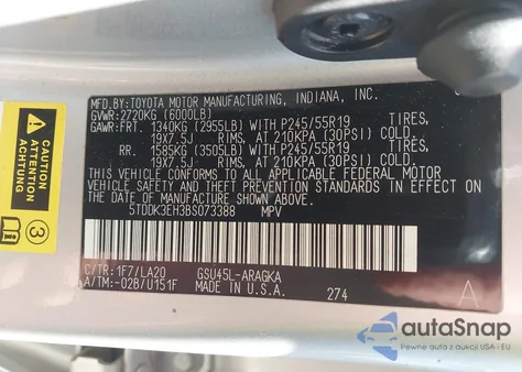 2011 Toyota Highlander Limited V6 from USA, damaged, VIN 5TDDK3EH3BS073388